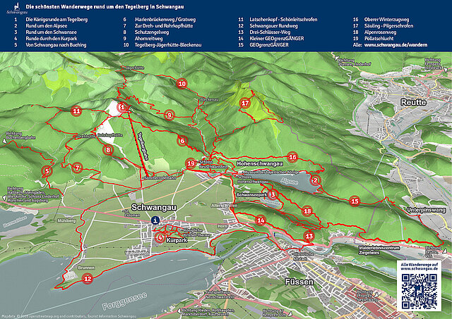 Overview: hiking trails around Neuschwanstein castle and Schwangau