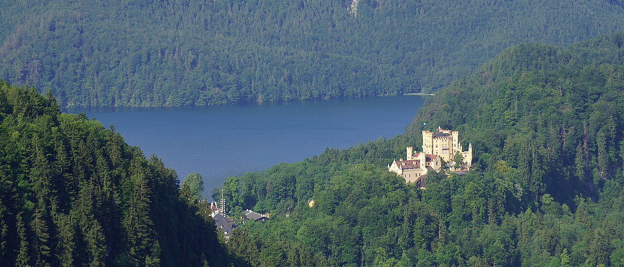 Hohenschwangau castle with lake Alpsee in the background